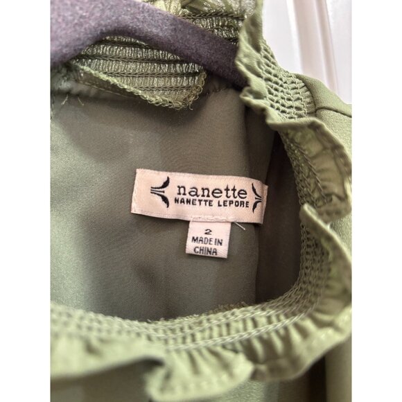 Nanette Lepore Olive Green Puff Sleeve Smocked Waist Ruffle Hem Dress Size 2 - Picture 3 of 6